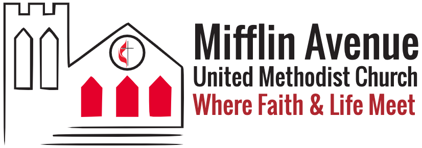Drawing of Mifflin Avenue United Methodist Church building with the bell tower, three red doors, and the United Methodist cross and flame logo