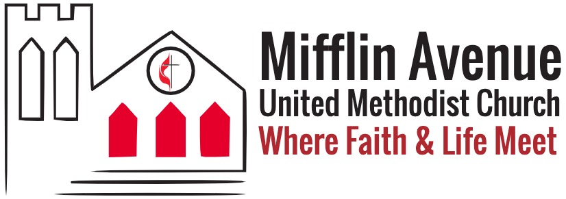 Drawing of Mifflin Avenue United Methodist Church building with the bell tower, three red doors, and the United Methodist cross and flame logo